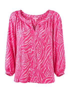 (New) Lilly Pulitzer – Show Your Stripes 100% Silk Blouse Top (Splash Pink) XL